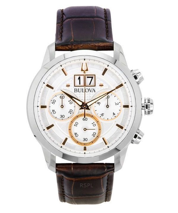 Bulova Sutton Big Date Chronograph Brown Leather Strap Silver Dial 